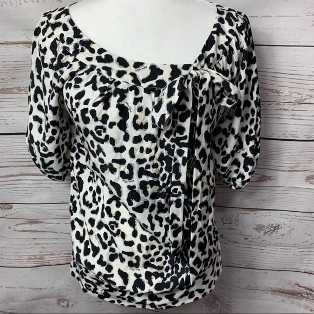NWOT WHBM Silk Leopard Print Bow Peasant Blouse
